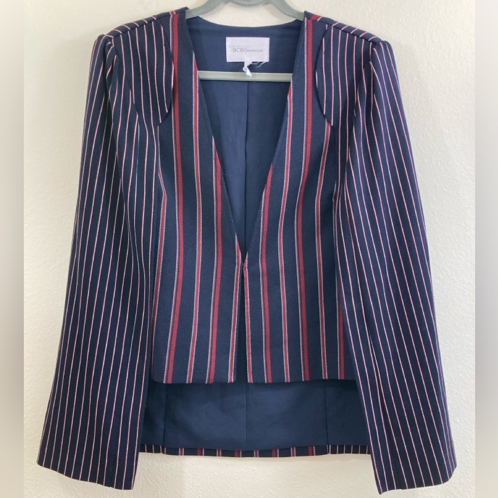BCBGeneration Navy Striped Capelet Vest Size L Tailored Layered Top